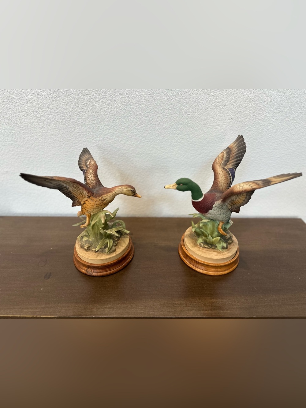 Andrea by Sadek Pair of Vintage Hand Painted Mallard Duck Figurines w/Wood Bases